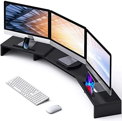 LORYERGO Triple Monitor Stand – Dual Monitor Stand w/ 2 Slots for Phone & Tablet, Length and Angle Adjustable Monitor Riser, Laptop Stand for Computer, Screen, Tablet