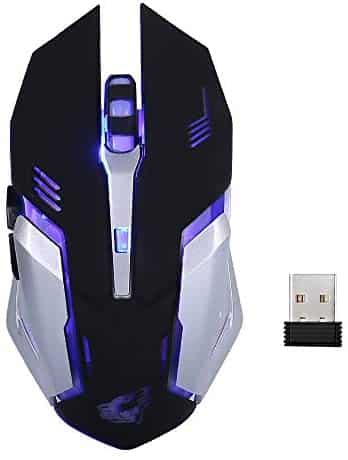 Lancoon Wireless Rechargeable Gaming Mouse – USB Optical Mice with Silence Click, 3 Adjustable DPI, 6 Buttons, 7 Changing Breathing Backlight – GM07 Black