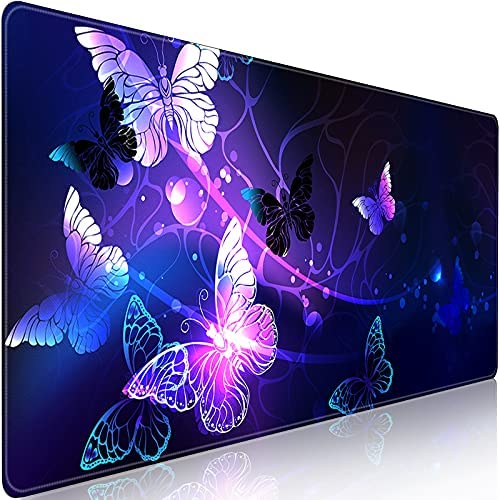 Large Gaming Mouse Pad (35.4×15.7 in) G JGOO Extended Mousepad with Stitched Edges Non-Slip Rubber Base Cloth Keyboard Mat Desk Pad for Laptop, Computer, Office, Home, Work, Game – Butterfly