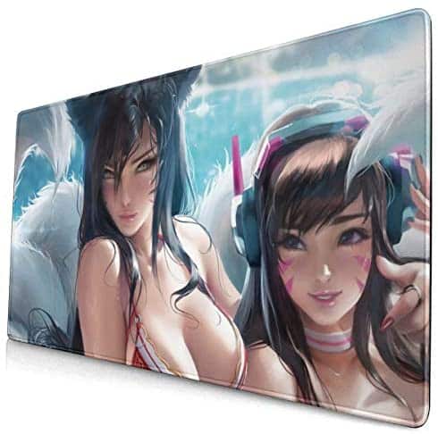 Large Gaming Mouse Pad DVA & Ahri Girls,Anime Mousepad with Non-Slip Rubber Base & Stitched Edges,Waterproof Laptop Desk Pad,Computer Keyboard and Mouse Combo Pads Mouse Mat 23.6×11.8×0.12 inch