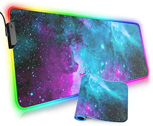 Large RGB Gaming Mouse Pad,Galaxy Nebula Space Oversized Glowing Led Extended Mousepad,10 Lighting Modes,Non-Slip Rubber Base Computer Keyboard Mousepads Mat,31.5 x 11.8 inch