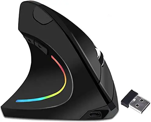 Left-Handed Ergonomic Wireless Vertical Mouse, Funwaretech 2.4GHz Rechargeable Mouse with USB Receiver,Optical Carpal Tunnel Mouse, 6 Buttons,800/1200/1600 DPI, for Laptop/PC/Mac/Computer,Black