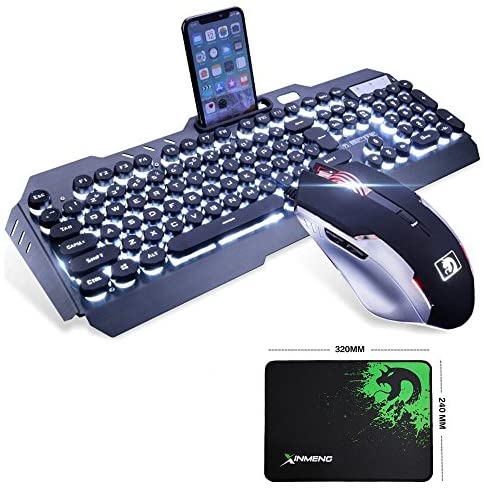 LexonElec@ Technology Keyboard Mouse Combo Gamer Wired White LED Backlit Punk Keycap Metal Pro Gaming Keyboard + 2400DPI 6 Buttons Mouse + Mouse Pad for Laptop PC (Black & White Backlit & Punk Keycap)