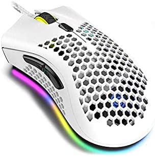 Lightweight Gaming Mouse, Honeycomb Design Wired Portable Mouse with RGB Backlight USB Port 7200DPI Computer Mouse for Windows Mac Laptop PC (White)