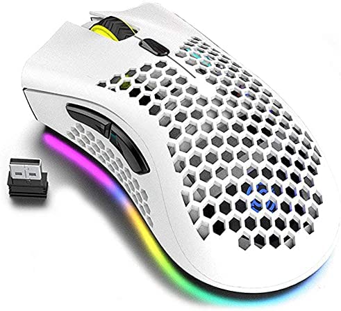 Lightweight Gaming Mouse,Wireless Rechargeable Ultralight Honeycomb Mice with RGB Chroma Backlit, Adjustable DPI,2.4G Wireless Ergonomic Optical Sensor Mouse Compatible for PC Mac Gamer (White)