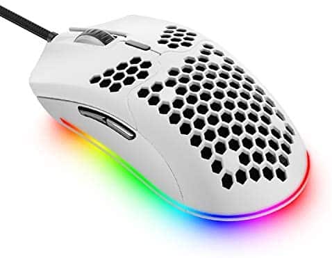 Lightweight Wired Gaming Mouse with 7 Button 26RGB Backlit Programmable Driver PAW3325 12000 DPI Optical Sensor Ultralight Ergonomic 65G Honeycomb Shell Ultraweave Cable for PC Xbox PS4 Gamer(White)