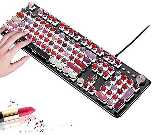 Lipstick Mechanical Gaming Keyboard, Typewriter Style Retro Keyboard with White LED Backlit,104-Key Anti-Ghosting Blue Switch Wired USB Metal Panel Round Keycaps for Desktop, Laptop