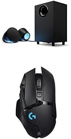 Logitech G560 LIGHTSYNC PC Gaming Speakers with Game Driven RGB Lighting & G502 Lightspeed Wireless Gaming Mouse with Hero 16K Sensor, PowerPlay Compatible, Tunable Weights and Lightsync RGB