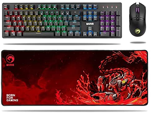 MARVO CM372 Mechanical Keyboard and Mouse Combo RGB Gaming 104 Keys Blue Switches Wired USB Keyboards with Gaming Mouse Pad, 6400 DPI Programmable Mouse with 7 Buttons for PC Gamer Computer Laptop