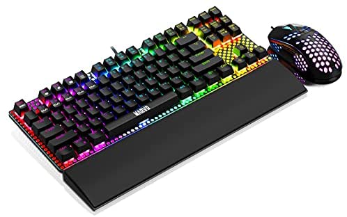 MARVO CM373 Honeycomb Gaming RGB Mechanical Keyboard & Mouse Combo, Wired Gaming Keyboard with Detachable Wrist Rest, 87 Keys NKRO, 6400 DPI 6 Programmable Mouse, for Windows and Mac, Red Switch