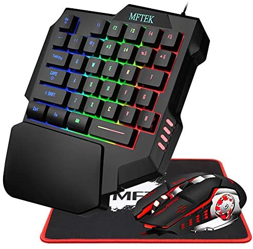 MFTEK One Hand Gaming Keyboard and Mouse Combo, RGB Rainbow Backlit One-Handed Mechanical Feeling Gaming Keyboard with Wrist Rest Support, USB Wired Keyboard Mouse and Mouse Pad Set for PC PS4 Gamer