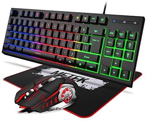 MFTEK RGB 87 Keys Gaming Keyboard and Mouse Combo with Large Mouse Pad, USB Wired Rainbow Backlit Mechanical Feel Keyboard and 4 Color Light Up Gaming Mouse Set for PC Laptop Computer Gamer Work