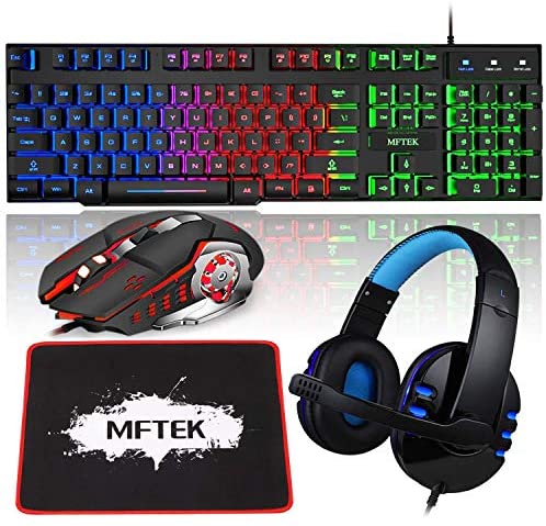 MFTEK RGB Rainbow Backlit Gaming Keyboard and Mouse Combo, Blue Lighted PC Gaming Headset with Microphone, Large Gaming Mouse Pad, USB Wired Bundle for Laptop Computer Gamer Game Office