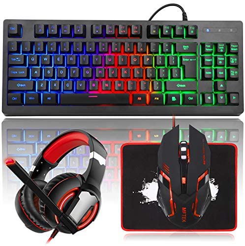 MFTEK RGB Rainbow Backlit Gaming Keyboard and Mouse Combo, LED PC Gaming Headset with Microphone, Large Mouse Pad, Small Compact 87 Keys USB Wired Mechanical Feeling Keyboard for Computer Gamer Office