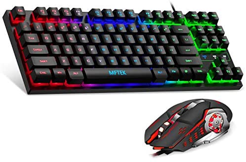 MFTEK RGB Rainbow Gaming Keyboard and Mouse Combo, Compact 87 Keys Backlit Computer Keyboard with Gaming Mouse, USB Wired Set for PC Gamer Laptop Work