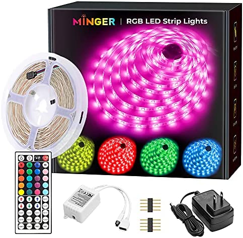 MINGER LED Strip Lights 16.4ft, RGB Color Changing LED Lights for Home, Kitchen, Room, Bedroom, Dorm Room, Bar, with IR Remote Control, 5050 LEDs, DIY Mode