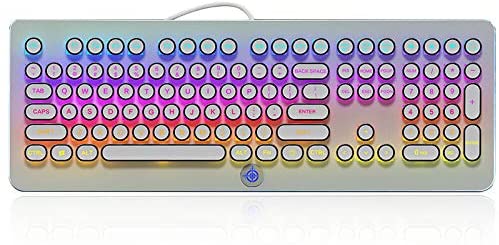 MK9 RGB Mechanical Keyboard RGB Retro Gaming Keyboard-Blue Switch-LED Backlit – Silver-Plating 108 Key Round Keycaps Anti-Ghosting Mechanical Illuminated Keyboard for PC Gaming and MAC (White)