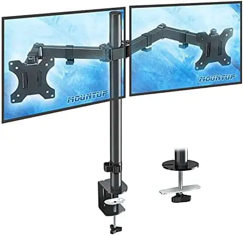 MOUNTUP Dual Monitor Desk Mount Stand, Full Motion Computer Monitor Arm Mount for 2 LCD Screens up to 27 Inch, Dual Monitor Stand with C-Clamp and Grommet Base MU0002