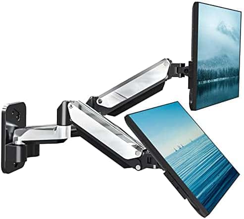 MOUNTUP Dual Monitor Wall Mount, Fully Adjustable Polished Aluminium Gas Spring Monitor Arm for 2 Max 32 Inch Flat Curved Computer Screen, Swivel Monitor Stand Hold 3.3-17.6lbs, Fit VESA 75×75&100×100