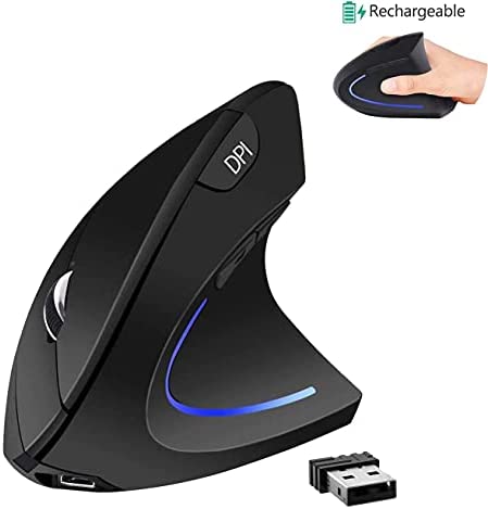 MTAZEG Ergonomic Mouse 2.4G Wireless Vertical Mouse Rechargeable Optical Mouse 6 Buttons Silent with 3 Adjustable DPI 800/1200/1600, for Laptop, PC, Computer, Black