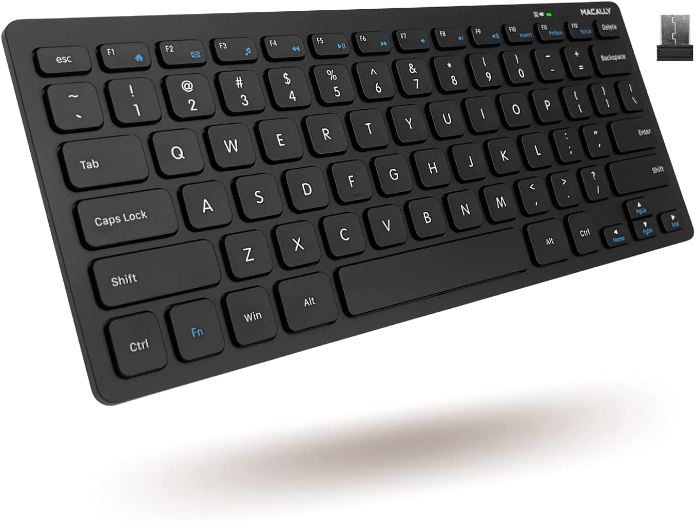 Macally 2.4G Small Wireless Keyboard – Ergonomic & Comfortable Computer Keyboard – Compact Keyboard for Laptop or Windows PC Desktop, Tablet, Smart TV – Plug & Play Mini Keyboard with 12 Hot Keys