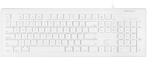 Macally Full Size USB Wired Keyboard for Mac and PC – Plug & Play Wired Computer Keyboard – Compatible Apple Keyboard with 15 Shortcut Keys for Easy Controls & Navigation – White