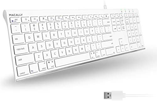 Macally Slim USB Wired Keyboard for Mac & PC – Simple, Sophisticated and Effective – Apple USB Keyboard with 110 Thin Scissor Switch Keys, 20 iOS Shortcuts, and Numeric Keypad – White