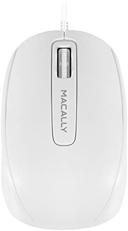 Macally USB Computer Mouse Wired – 3 Button Configuration with Scroll Wheel & 5FT USB Cord – Plug and Play Corded Mouse for Mac & Windows – Sleek Ergonomic USB Mouse (1000 DPI) – White