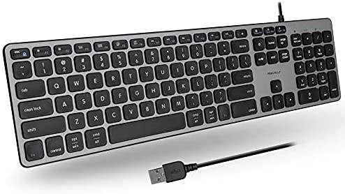Macally USB Wired Keyboard for Mac and Windows – Auto Detect for All OS – Slim Computer Keyboard Wired with 107 Quiet Keys and 16 Shortcut Keys – PC, Chrome, and Mac Compatible Keyboard – Space Gray