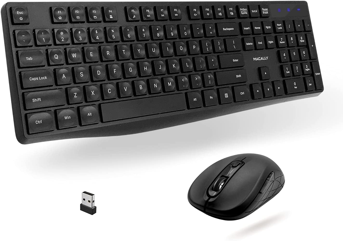 Macally USB Wireless Keyboard and Mouse Combo – 2.4Ghz Full Size Cordless Keyboard and DPI Optical Mouse – Designed for Windows PC with USB Port – Simple Plug & Play Mouse and Keyboard Combo – (Black)
