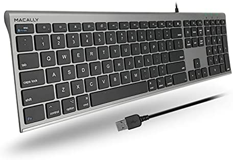 Macally Ultra Slim USB Wired Computer Keyboard – Works as a Windows or Mac Wired Keyboard – Full Size Keyboard with Numeric Keypad & 20 Shortcut Keys – Plug and Play Mac Keyboard – Space Gray