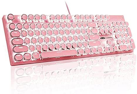 MageGee Typewriter Mechanical Gaming Keyboard, Retro Punk Round Keycap LED White Backlit USB Wired Keyboards for Game and Office, for Windows Laptop PC Mac – Blue Switches/Pink