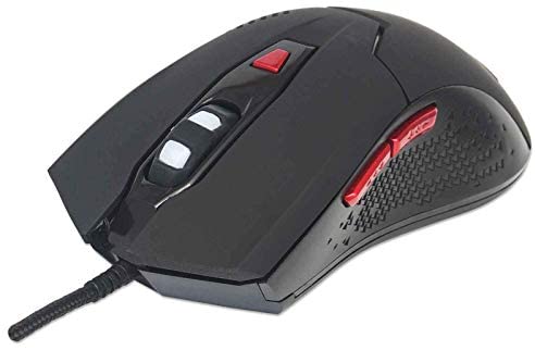 Manhattan Wired Gaming Mouse – 800 / 1200 / 1600 / 2400 Adjustable DPI Resolution – Ergonomic Grip Shape & Color LED Lights – Red / Black, 176071