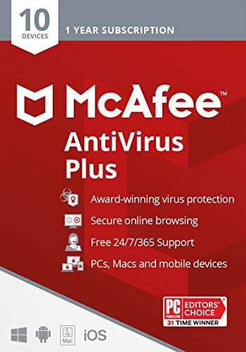 McAfee AntiVirus Protection Plus 2021, 10 Device, Internet Security Software, 1 Year – Key Card