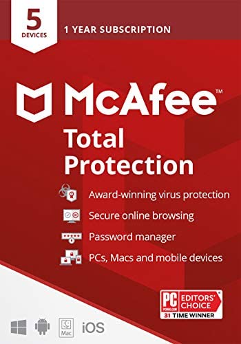 McAfee Total Protection 2021, 5 Device, Antivirus Internet Security Software, Password Manager, Privacy, 1 Year Subscription – Key Card