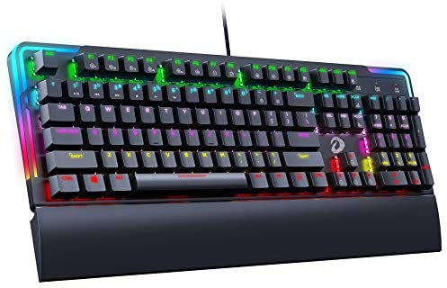 Mechanical Gaming Keyboard, Blue Switches Rainbow Blacklit Gaming Mechinical Keyboard with Detachable Wrist Rest and Removable Double-Shot Keycaps, Anti-ghosting Gaming Keyboard, Black, Full Size