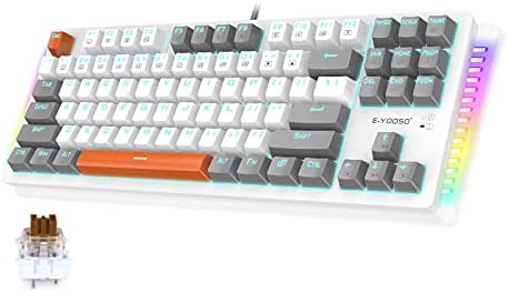 Mechanical Gaming Keyboard, E-YOOSO Wired Mechanical Keyboard with Brown Switches, 87 Keys Gaming Keyboard with Solid Color Backlit & RGB LED Sidelight for Windows Mac PC Gaming