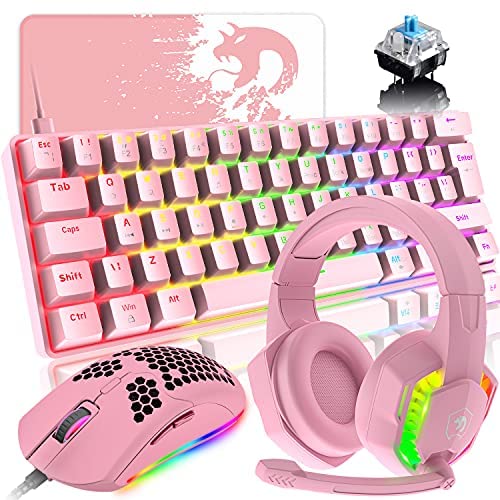 Mechanical Gaming Keyboard Honeycomb Mouse and RGB Headset Combo with Rainbow Backlight Ergonomic 62Key Anti-Ghosting Adjustable Mic 6400DPI Mice Type-C Wired for PC MAC Gamer Typist(Pink/Blue Switch)