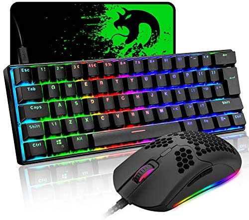 Mechanical Gaming Keyboard and Lightweight Honeycomb Mouse Combo with Rainbow RGB Backlit Full Anti-ghosting 61 Key Ergonomic Programmable Mice Wired USB for Laptop PC Gamer Typist(Black/Blue Switch)