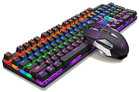 Mechanical Gaming Keyboard and Mouse Combo Blue Switch 104 Keys Rainbow Backlit Keyboards, MageGee MK-Storm,7 Button Mouse Wired for PC Gamer Computer Laptop(Black)