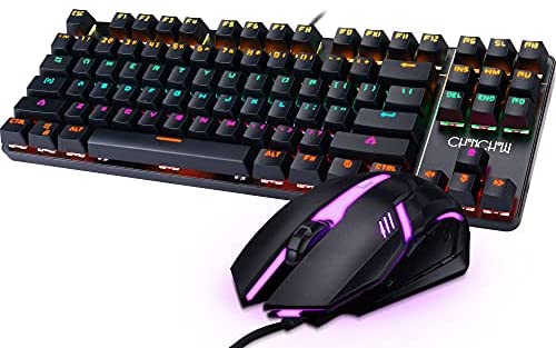 Mechanical Gaming Keyboard and Mouse Combo TKL Wired LED Backlit Compact Tenkeyless 87 Keys Keyboard with Blue Switches RGB Mouse Hot Swappable for Windows PC Gamer(V.2021)