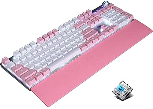 Mechanical Gaming Keyboard, with Multimedia Knob, Wrist Rest, Metal Panel, White LED Backlit, Pink and White PBT Keycaps, USB Wired Full-Size Keyboard for Gamer Office PC Laptop Mac (Blue Switch)