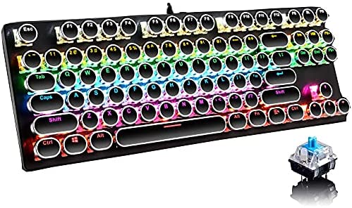 Mechanical Gaming Keyboard,87 Key Retro Punk Typewriter-Style,Blue Switch Rainbow Backlit Keyboard,Anti-Ghosting, USB Wired, for PC Laptop Desktop Computer, for Game and Office (Black)