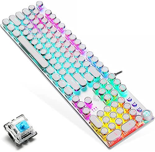 Mechanical Gaming Keyboard,Blue Switches,USB Wired,Retro Steampunk Typewriter Round Keycaps,Metal Panel,Moveable Wrist Rest,for Game and Office,for Laptop Desktop Computer PC (Silver-Blue switches)