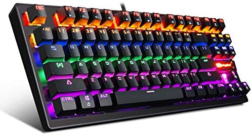 Mechanical Keyboard 87 Keys Small Compact Multicolour LED Backlit – MK1 Wired USB Gaming Keyboard with Blue Switches, 100% Anti-Ghosting, Metal Construction, Water Resistant for Windows PC Laptop Game