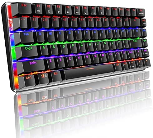 Mechanical Keyboard Color Rainbow LED Backlit 82 Key Layout Blue Switch Wired Metal Panle Portable Wired Gaming Keyboard with Anti-ghosting Keys, Pluggable Cable, for Gamers Typists Office