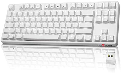 Mechanical Keyboard Wireless, VELOCIFIRE TKL02WS 87 Key Wireless Ergonomic Keyboard with Brown Switches, and White LED Backlit for Copywriters, Typists, and Programmers(White)