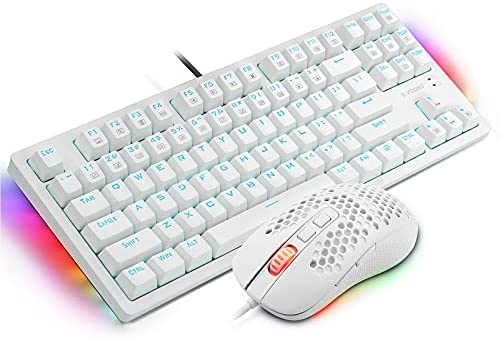 Mechanical Keyboard and Mouse Combo, E-YOOSO Blue Switches Wired Gaming Keyboard and Mouse 87 Key Mechanical Keyboard with Blue Backlit & RGB LED Sidelight and Mouse Pad, for Windows/Mac/Gaming(White)