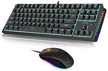 Mechanical Keyboard and Mouse Combo, E-YOOSO Wired Gaming Keyboard and Mouse 87 Keys Blue Switches Mechanical Keyboard with Blue Backlit & RGB LED Sidelight and Mouse Pad, for Windows/Mac/PC Gaming
