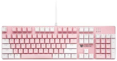 Merdia Mechanical Keyboard Gaming Keyboard with Blue Switch Wired White LED Backlit Keyboard Full Size 104 Keys US Layout(Pink & White)